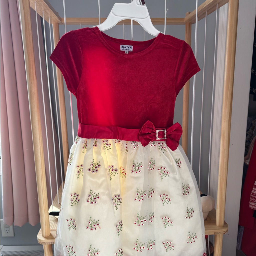 Blueberi Boulevard Velvet Red And Cream Floral Dress